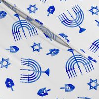 Hanukkah - blue watercolor - menorah, dreidel, Star of David