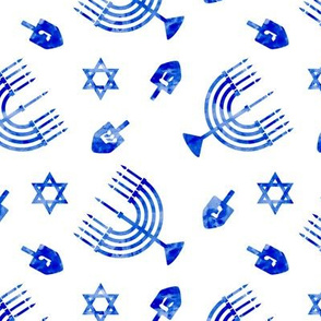 Hanukkah - blue watercolor - menorah, dreidel, Star of David