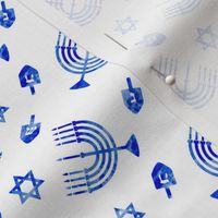 (small scale) Hanukkah - blue watercolor - menorah, dreidel, Star of David