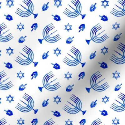 (small scale) Hanukkah - blue watercolor - menorah, dreidel, Star of David