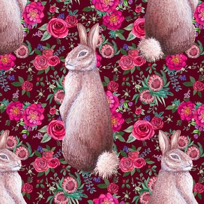 watercolor Rabbit and burgundy floral