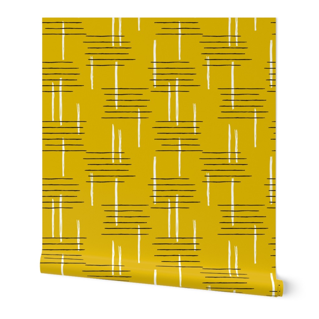 Retro mid-century Scandinavian minimal design abstract strokes retro autumn mustard ochre yellow JUMBO