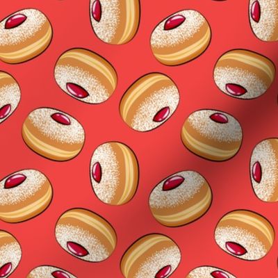 Sufganiyot (Jelly Doughnuts) toss on red