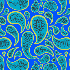 new paisley pattern ROYAL BLUE chartreuse teal brown-01