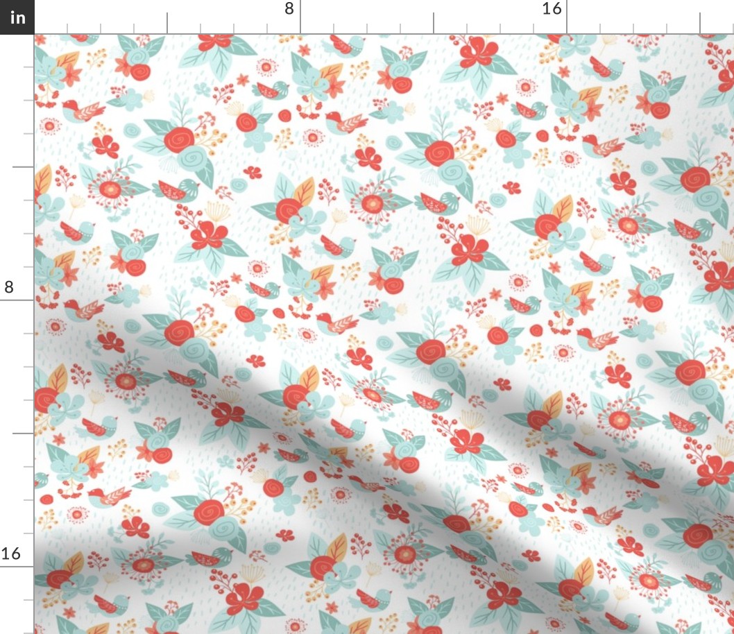 Light Blue and Orange Floral Woodland V.01