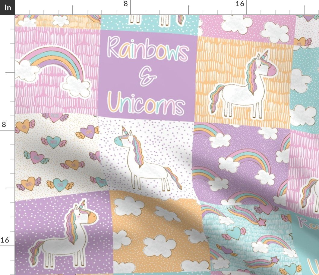 Rainbows and Unicorns Wholecloth cheater quilt, Baby quilt,  crib sheet, baby blanket, baby nursery, cute nursery design 6 inch squares