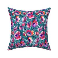 June Evening watercolor floral in magenta and teal - small print