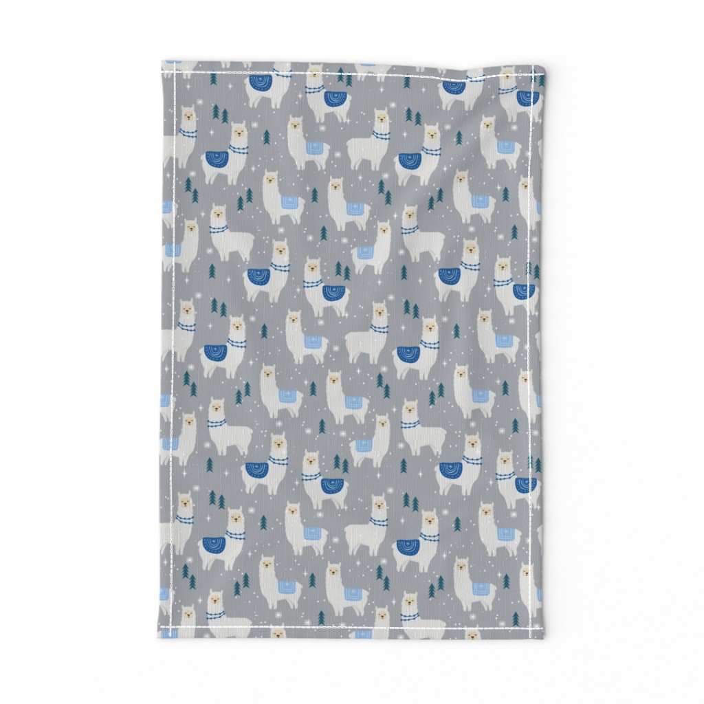 winter llama - christmas, holiday, xmas, llamas - cute alpaca fabric - grey and blue