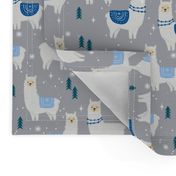 winter llama - christmas, holiday, xmas, llamas - cute alpaca fabric - grey and blue