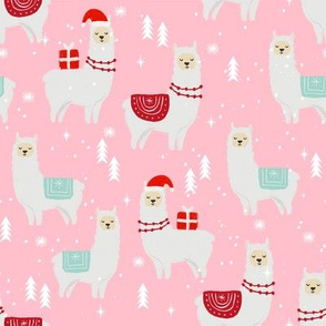 winter llama - christmas, holiday, xmas, llamas - cute alpaca fabric -pink