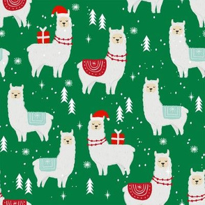 winter llama - christmas, holiday, xmas, llamas - cute alpaca fabric - green