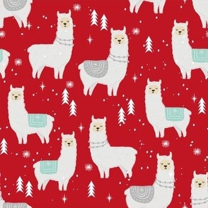 winter llama - christmas, holiday, xmas, llamas - cute alpaca fabric - red