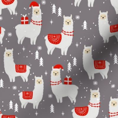 winter llama - christmas, holiday, xmas, llamas - cute alpaca fabric - grey and red