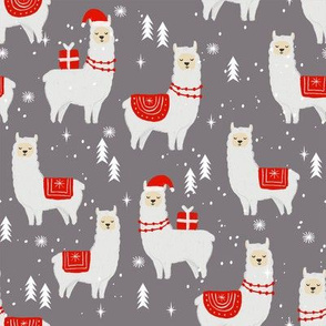 winter llama - christmas, holiday, xmas, llamas - cute alpaca fabric - grey and red