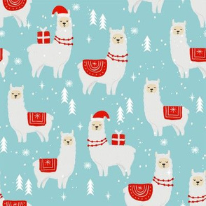 winter llama - christmas, holiday, xmas, llamas - cute alpaca fabric - blue and red