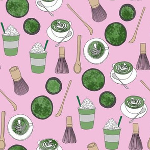 matcha latte fabric- matcha, green tea, tea latte, latte fabric, coffee, design - pink