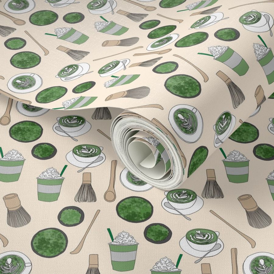 matcha latte fabric- matcha, green tea, tea latte, latte fabric, coffee, design - cream