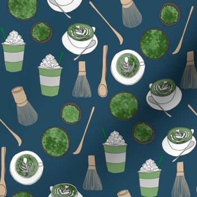 matcha latte fabric- matcha, green tea, tea latte, latte fabric, coffee, design - dark blue