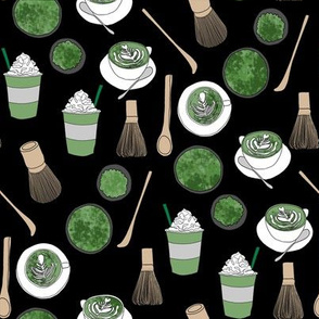 matcha latte fabric- matcha, green tea, tea latte, latte fabric, coffee, design - black