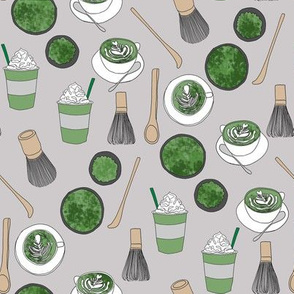 matcha latte fabric- matcha, green tea, tea latte, latte fabric, coffee, design - grey