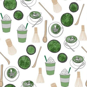 matcha latte fabric- matcha, green tea, tea latte, latte fabric, coffee, design - white