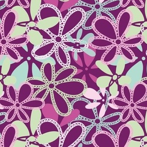 Retro 1970s Pink Green  Flowers