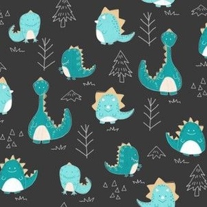 Hand-Drawn Cute Teal Dinosaurs - Dark Gray