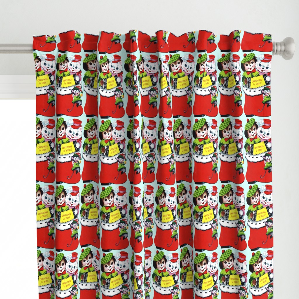 Merry Christmas Xmas cats dogs mouse mice socks stocking Accordion trumpets hats winter music cute pink green red blue vintage retro kitsch 