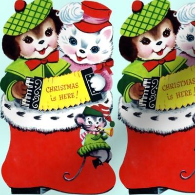 Merry Christmas Xmas cats dogs mouse mice socks stocking Accordion trumpets hats winter music cute pink green red blue vintage retro kitsch 