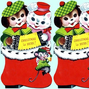 Merry Christmas Xmas cats dogs mouse mice socks stocking Accordion trumpets hats winter music cute pink green red blue vintage retro kitsch 