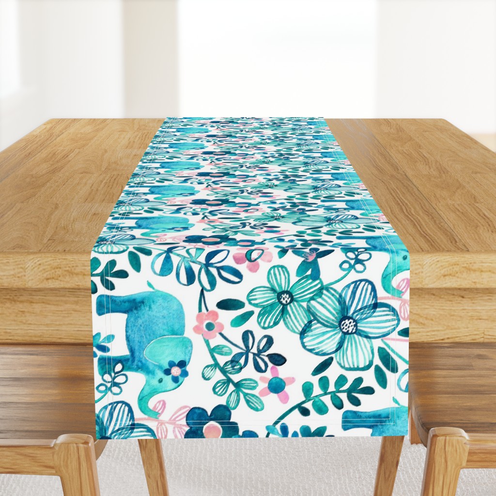 Little Teal Elephant Watercolor Floral on White - large print horizontal version