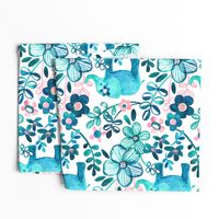 Little Teal Elephant Watercolor Floral on White - large print horizontal version