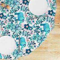 Little Teal Elephant Watercolor Floral on White - large print horizontal version