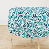 Little Teal Elephant Watercolor Floral on White - large print horizontal version