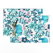 Little Teal Elephant Watercolor Floral on White - large print horizontal version