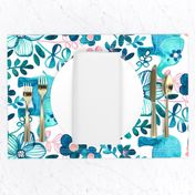 Little Teal Elephant Watercolor Floral on White - large print horizontal version