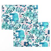 Little Teal Elephant Watercolor Floral on White - large print horizontal version