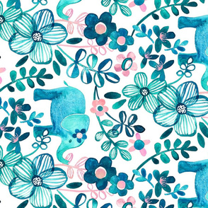 Little Teal Elephant Watercolor Floral on White - large print horizontal version