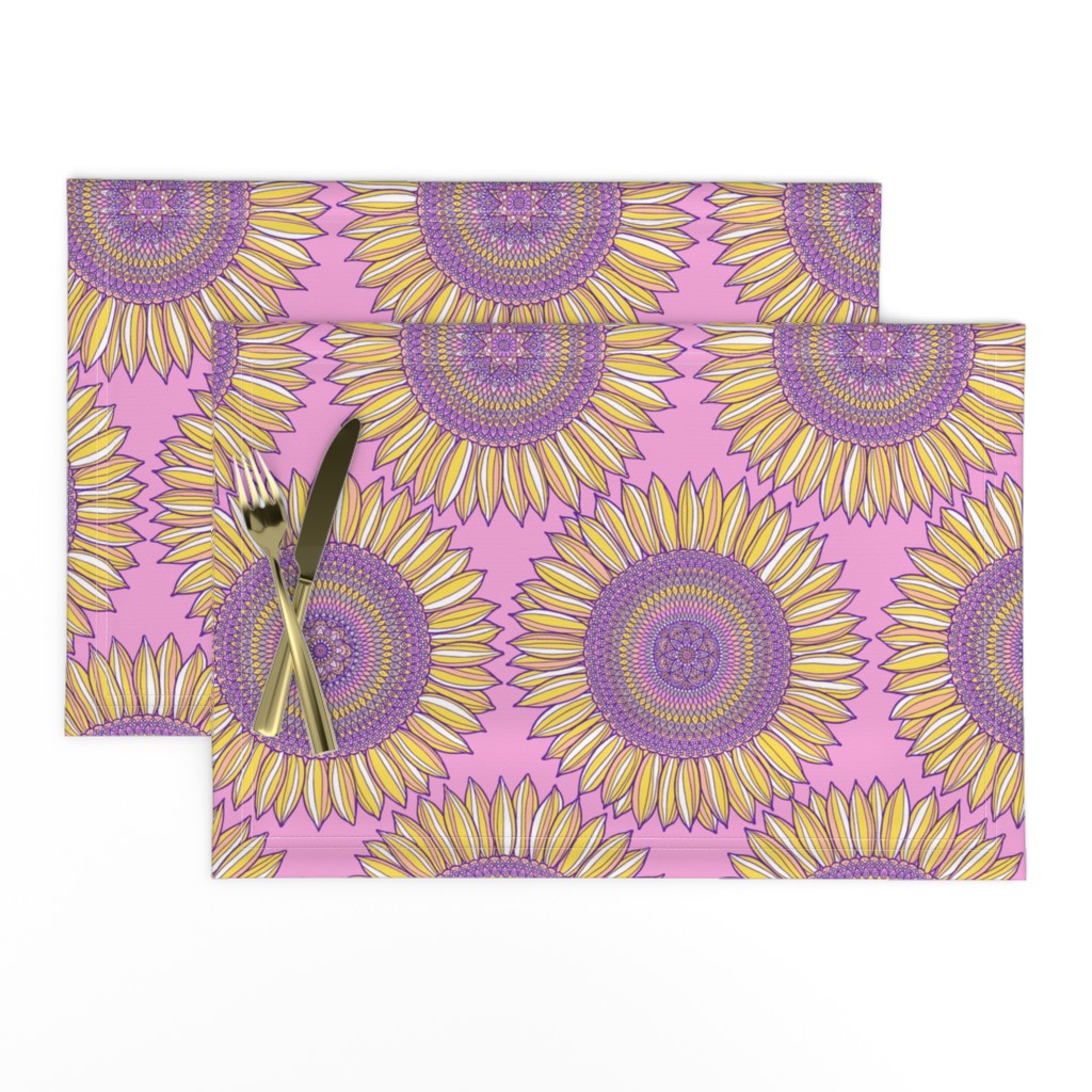 Mandala sunflowers in yellow, pink and violet