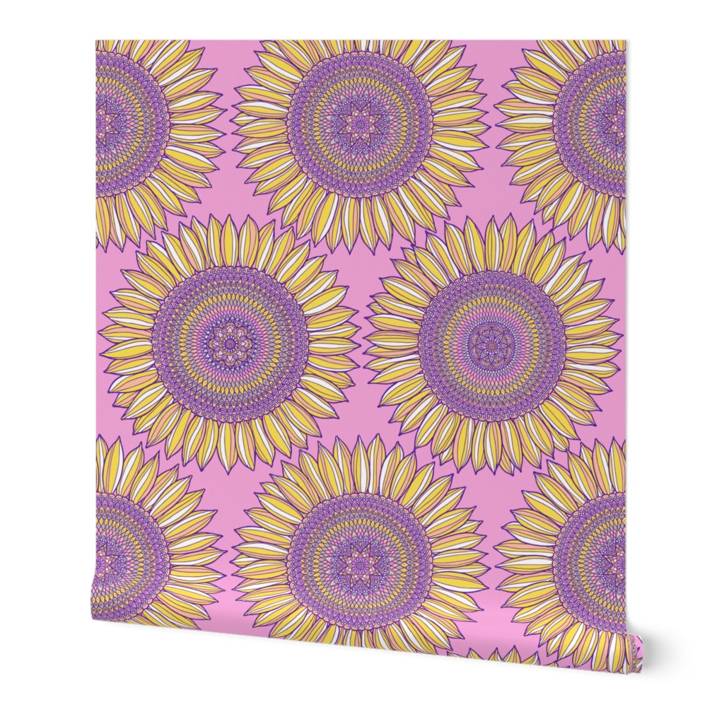 Mandala sunflowers in yellow, pink and violet