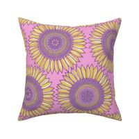 Mandala sunflowers in yellow, pink and violet