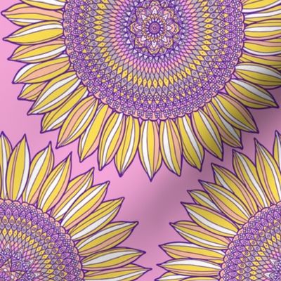 Mandala sunflowers in yellow, pink and violet