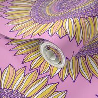 Mandala sunflowers in yellow, pink and violet