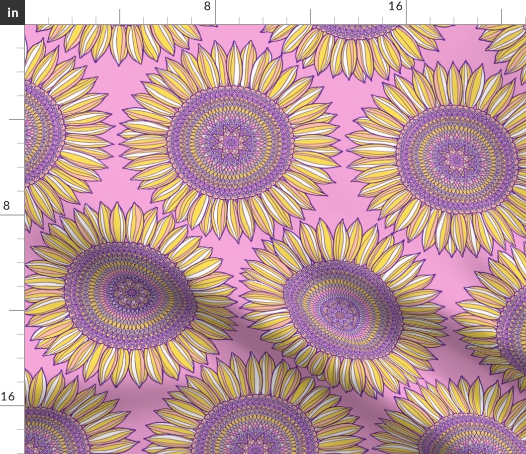 Mandala sunflowers in yellow, pink and violet