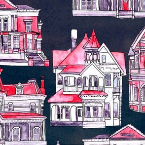 Red Toile Victorian Houses  