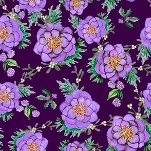 watercolor floral  poinsettia on  purple 