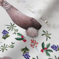 Watercolor rabbit & winter berries , Christmas , Thanksgiving