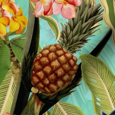 18" Pierre-Joseph Redouté-Fruit Cocktail,Antique Tropical Palm Jungle with Pineapple and plumeria,teal