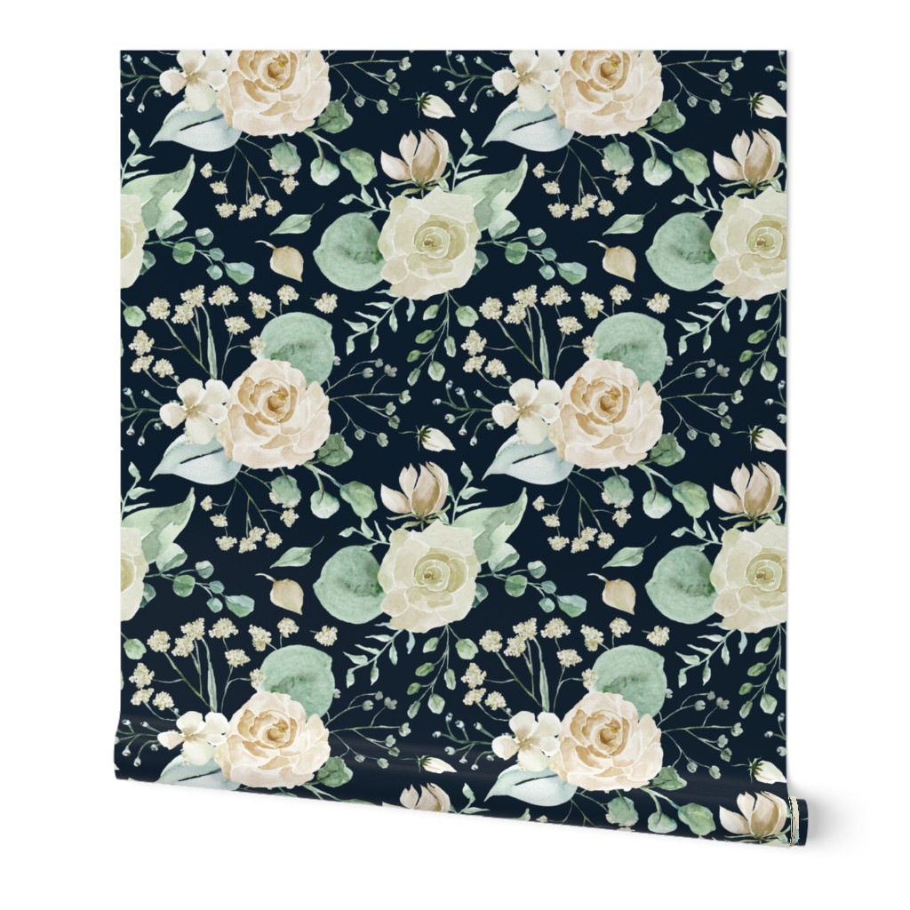 18" moody florals - Sweet Watercolor Blush Roses on blue