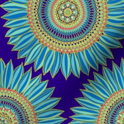 Boho chic mandala ornamental sunflower - blue, gold and red